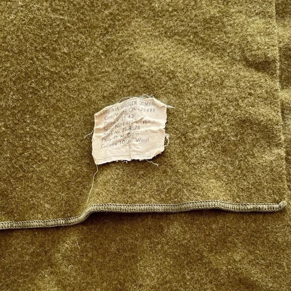 WW11 US Army Wool Blanket 1943 Virginia Woolen Co Olive Drab 66x84 QM Tag 1 Hole